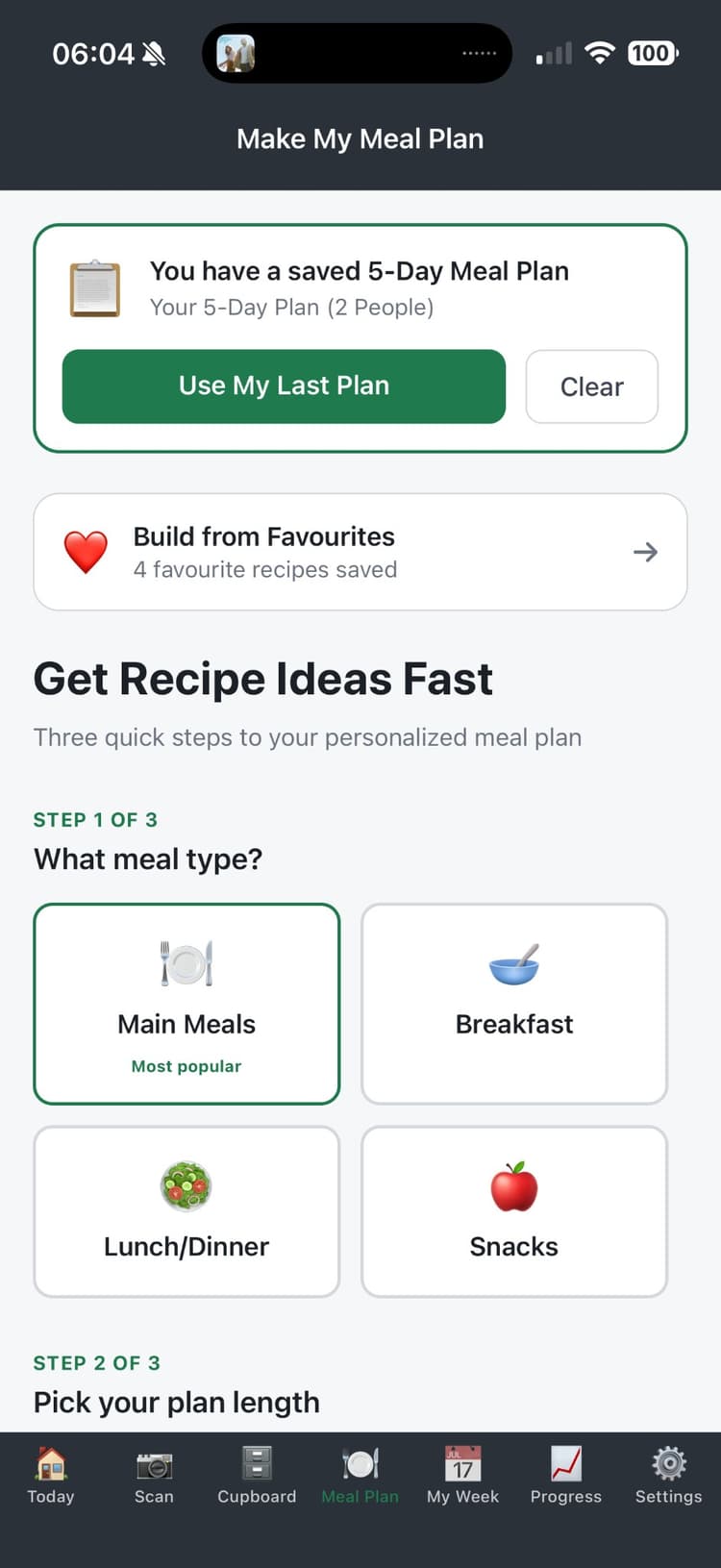 Personalised recipes screenshot