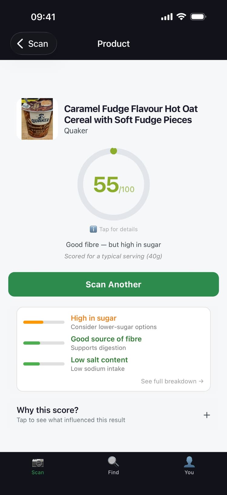 Quaker Caramel Fudge Hot Oat Cereal scored 55 out of 100: good fibre but high in sugar